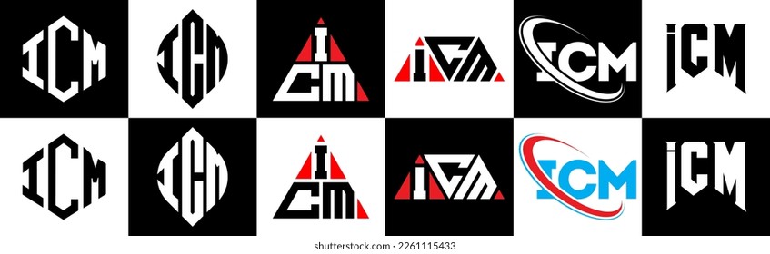 ICM letter logo design in six style. ICM polygon, circle, triangle, hexagon, flat and simple style with black and white color variation letter logo set in one artboard. ICM minimalist and classic logo