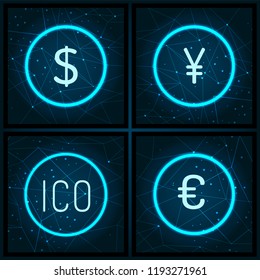 Ico and American dollar, European euro and Chinese yen currency set vector. Financing and cryptocurrencies exchange, business on bitcoin investment