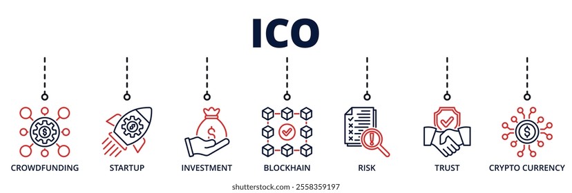 Ico banner web icon for Initial Coin Offering with crowdfunding, startup, investment, blockchain, risk, trust, crypto currency