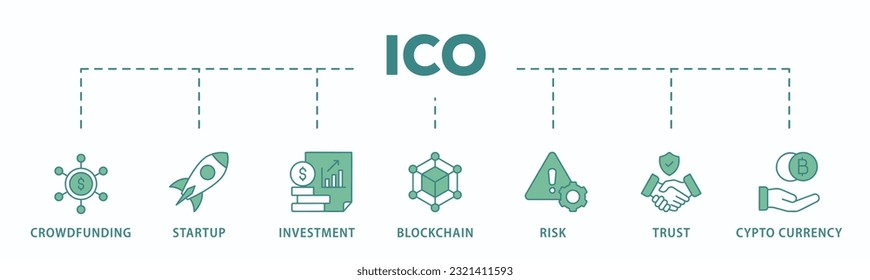 ICO banner web icon vector illustration concept of initial coin offering with icon of crowdfunding, startup, investment, blockchain, risk, trust and cypto currency