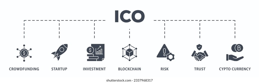 ICO banner web icon vector illustration concept of initial coin offering with icon of crowdfunding, startup, investment, blockchain, risk, trust and cypto currency