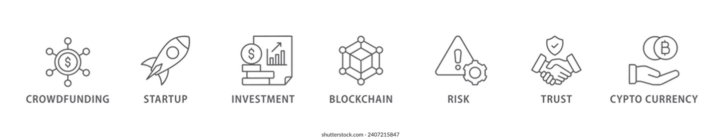 ICO banner web icon vector illustration concept of initial coin offering with icon of crowdfunding, startup, investment, blockchain, risk, trust and cypto currency