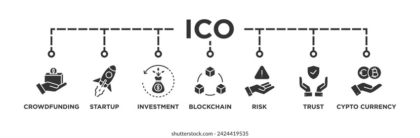  ICO banner web icon vector illustration concept of initial coin offering with icon of crowdfunding, startup, investment, blockchain, risk, trust and cypto currency