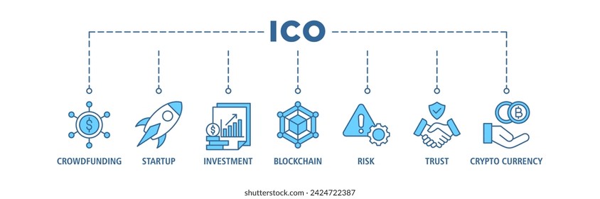 ICO banner web icon vector set illustration concept of initial coin offering with icon of crowdfunding, startup, investment, blockchain, risk, trust and cypto currency