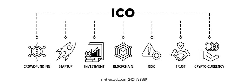 ICO banner web icon vector set illustration concept of initial coin offering with icon of crowdfunding, startup, investment, blockchain, risk, trust and cypto currency