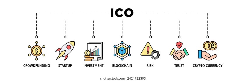 ICO banner web icon vector set illustration concept of initial coin offering with icon of crowdfunding, startup, investment, blockchain, risk, trust and cypto currency