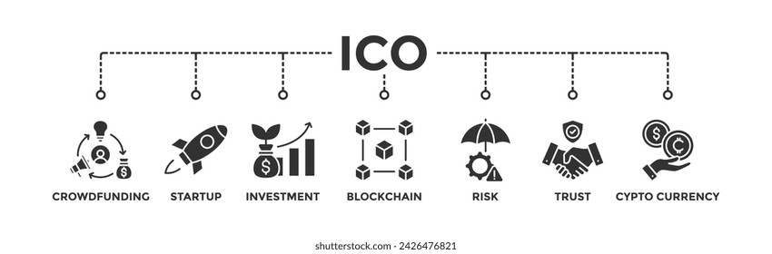 ICO banner web icon vector illustration concept of initial coin offering with icon of crowdfunding, startup, investment, blockchain, risk, trust and cypto currency