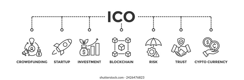 ICO banner web icon vector illustration concept of initial coin offering with icon of crowdfunding, startup, investment, blockchain, risk, trust and cypto currency