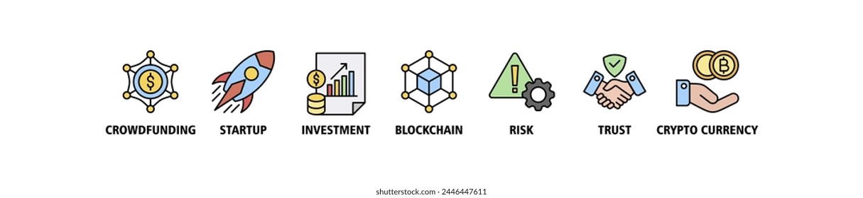 ICO banner web icon vector illustration concept of initial coin offering with icon of crowdfunding, startup, investment, blockchain, risk, trust and cypto currency