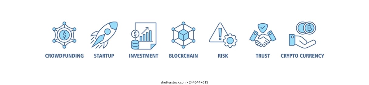 ICO banner web icon vector illustration concept of initial coin offering with icon of crowdfunding, startup, investment, blockchain, risk, trust and cypto currency