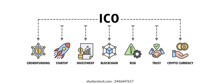 ICO banner web icon vector illustration concept of initial coin offering with icon of crowdfunding, startup, investment, blockchain, risk, trust and cypto currency