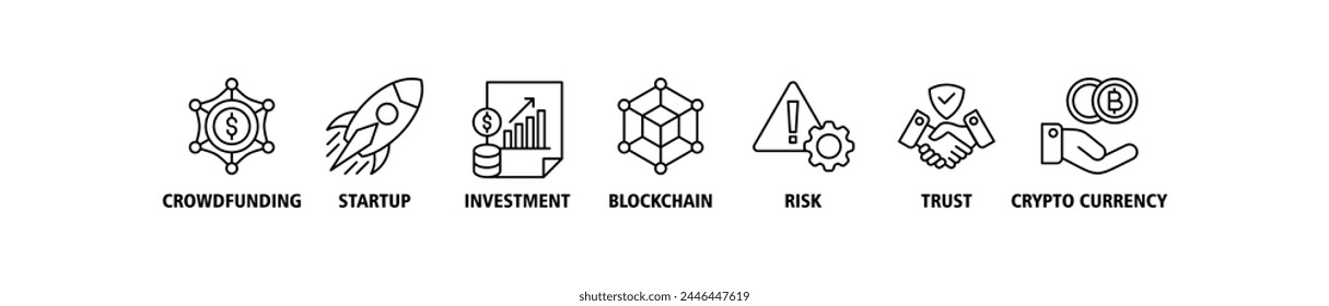 ICO banner web icon vector illustration concept of initial coin offering with icon of crowdfunding, startup, investment, blockchain, risk, trust and cypto currency