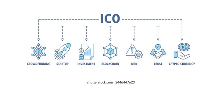 ICO Anuncio Web icono concepto de Ilustración vectorial de la oferta inicial de monedas con el icono de crowdfunding, inicio, inversión, blockchain, riesgo, confianza y criptomoneda