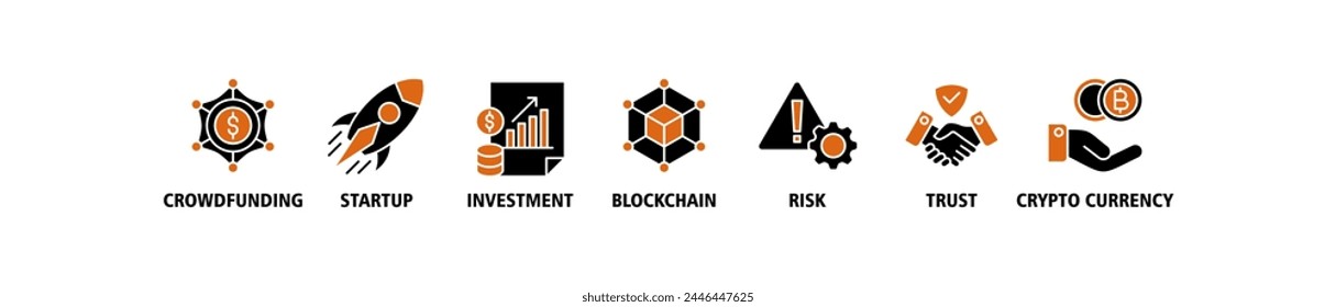 ICO banner web icon vector illustration concept of initial coin offering with icon of crowdfunding, startup, investment, blockchain, risk, trust and cypto currency