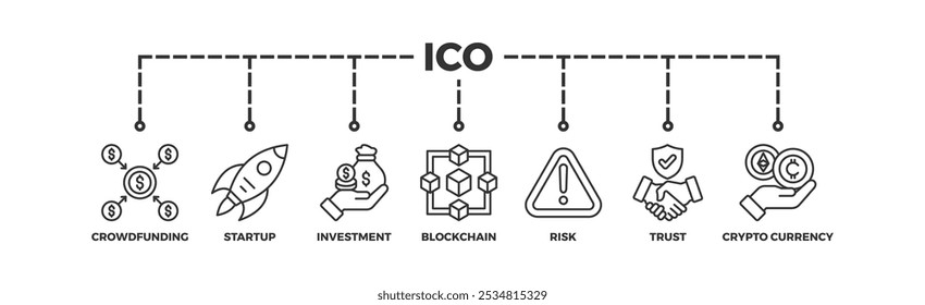 ICO banner web icon vector illustration concept of initial coin offering with icon of crowdfunding, startup, investment, blockchain, risk, trust and cypto currency