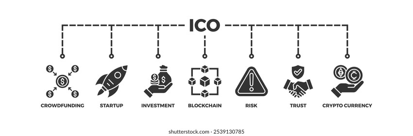 ICO banner web icon vector illustration concept of initial coin offering with icon of crowdfunding, startup, investment, blockchain, risk, trust and cypto currency