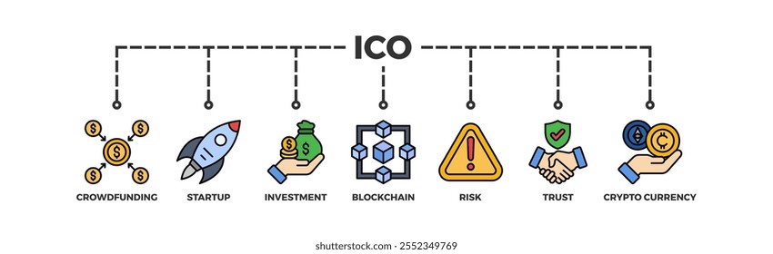 ICO banner web icon vector illustration concept of initial coin offering with icon of crowdfunding, startup, investment, blockchain, risk, trust and cypto currency