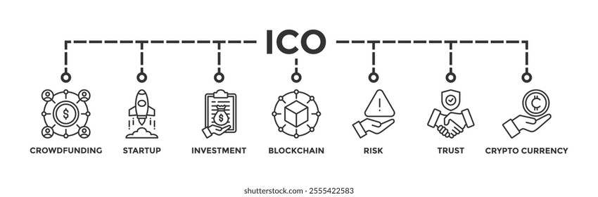 ICO banner web icon vector illustration concept of initial coin offering with icon of crowdfunding, startup, investment, blockchain, risk, trust and cypto currency	