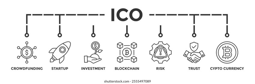 ICO banner web icon vector illustration concept of initial coin offering with icon of crowdfunding, startup, investment, blockchain, risk, trust and cypto currency	