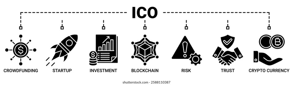 ICO banner web icon vector set illustration concept with icon of initial coin offering with icon of crowdfunding, startup, investment, blockchain, risk, trust and cypto currency icons.