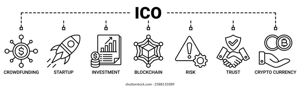 ICO banner web icon vector set illustration concept with icon of initial coin offering with icon of crowdfunding, startup, investment, blockchain, risk, trust and cypto currency icons.