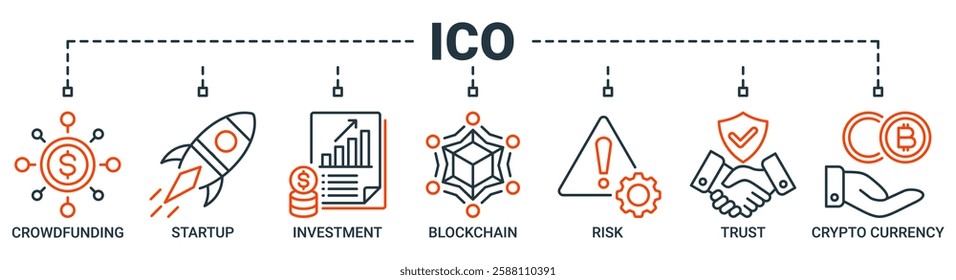 ICO banner web icon vector set illustration concept with icon of initial coin offering with icon of crowdfunding, startup, investment, blockchain, risk, trust and cypto currency icons.