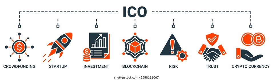 ICO banner web icon vector set illustration concept of initial coin offering with icon of crowdfunding, startup, investment, blockchain, risk, trust and cypto currency icons solid color symbol.