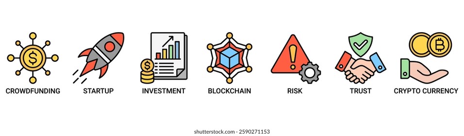 ICO banner web icon vector set illustration concept with icon of initial coin offering with icon of crowdfunding, startup, investment, blockchain, risk, trust and cypto currency icons outline symbol.