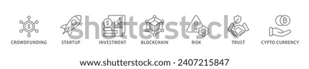 ICO banner web icon vector illustration concept of initial coin offering with icon of crowdfunding, startup, investment, blockchain, risk, trust and cypto currency