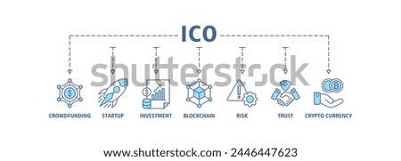ICO banner web icon vector illustration concept of initial coin offering with icon of crowdfunding, startup, investment, blockchain, risk, trust and cypto currency