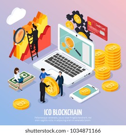 ICO blockchain concept isometric composition on gradient background with mobile devices, marketing research, cryptocurrency, investments vector illustration