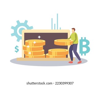 ICO blockchain cryptocurrency composition of flat business icons with small human characters vector illustration