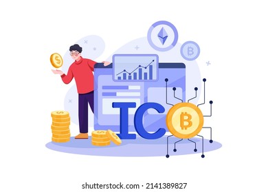 ICO Blockchain Illustration concept. Flat illustration isolated on white background.