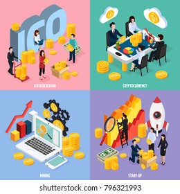 ICO blockchain isometric design concept with teamwork, cryptocurrency mining, marketing research and startup isolated vector illustration  