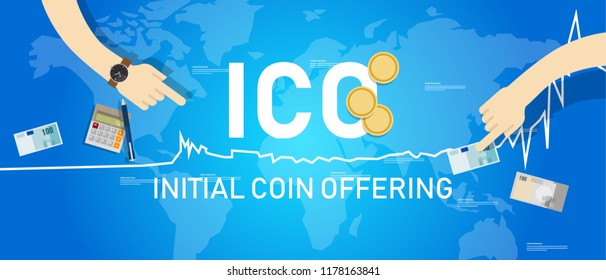 ICO Block-chain technology, Initial coin offering. Vector illustration of first release in trading market value.