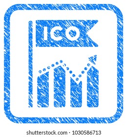 ICO Chart rubber seal stamp imitation. Icon vector symbol with grunge design and corrosion texture in rounded frame. Scratched blue emblem on a white background.