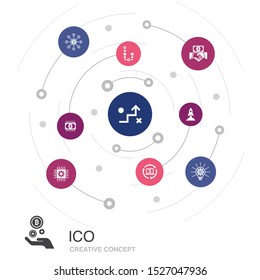 ICO colored circle concept with simple icons. Contains such elements as cryptocurrency, startup, digital economy