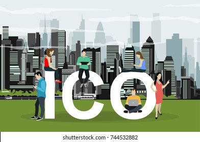 ICO  Concept Illustration Vector Illustration Of Various People. Flat Design Of Initial Coin Offering Of Cryptocurrency.