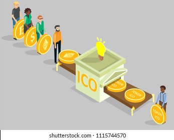 ICO Concept Vector Isometric Illustration. Multi-ethnic Group Of People With Dollar, Bitcoin, Ethereum Coins Buying Ico Tokens While Making Investments Into New Cryptocurrency Project.