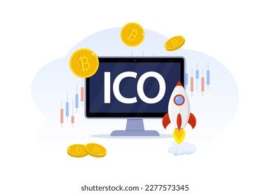 ICO cryptocurrency startup. Online crypto token sale illustration for landing page. Technology, blockchain startup, crowdfunding template. ICO Token production process vector illustration