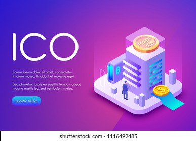 ICO cryptocurrency vector illustration of bitcoin and tokens for crowdfunding investment and business startup. Crypto currency and bit coin commerce technology on purple ultraviolet background