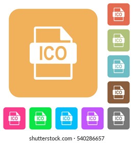 ICO file format icons on rounded square vivid color backgrounds.