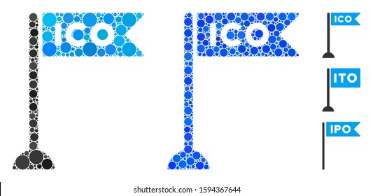 ICO flag marker mosaic of round dots in different sizes and color hues, based on ICO flag marker icon. Vector round dots are composed into blue illustration.