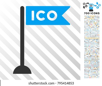 Ico Flag Marker pictograph with 7 hundred bonus bitcoin mining and blockchain icons. Vector illustration style is flat iconic symbols designed for crypto currency software.