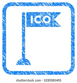ICO Flag Marker rubber seal stamp watermark. Icon vector symbol with grunge design and corrosion texture inside rounded square frame. Scratched blue sign on a white background.