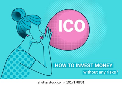 ICO fraud conceptual design how to invest money without risks. Initial coin offering concept vector illustration of young woman with big air balloon with ICO letters as a financial bubble and scam. ICO fraud conceptual design how to invest money without risks. Initial coin offering concept vector illustration of young woman with big air balloon with ICO letters as a financial bubble and scam.