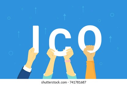 ICO in human hands concept illustration vector illustration of various people hold in their hands ico letters. Flat design of initial coin offering of cryptocurrency on blue background