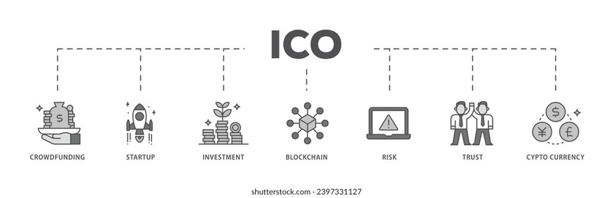 ICO infographic icon flow process which consists of crowdfunding, startup, investment, blockchain, risk, trust and cypto currency icon live stroke and easy to edit