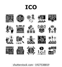 Ico Initial Coin Offer Collection Icons Set Vector. Ico Platform And Successful Start, Presentation And Investing, Development And Cryptocurrency Glyph Pictograms Black Illustrations