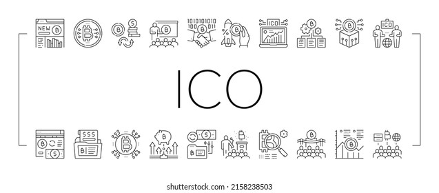 La Moneda Inicial De Ico Ofrece Iconos De Colección De Iconos Vector. Plataforma Ico Y Exitosas Ilustraciones De Contorno Negro De Inicio, Presentación E Inversión, Desarrollo Y Criptodivisa